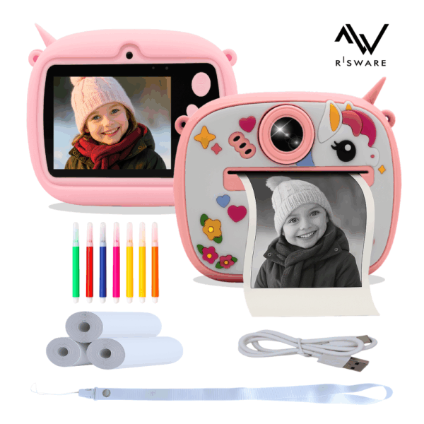 Cámara Infantil Unicornio Rosa – Pantalla 2″ IPS, Fotos 48MG, Video Full HD 1080p, Música, Juegos y Impresión Térmica Instantánea
