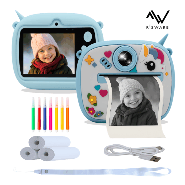 Cámara Infantil Unicornio Azul – Pantalla 2″ IPS, Fotos 48MG, Video Full HD 1080p, Música, Juegos y Impresión Térmica Instantánea