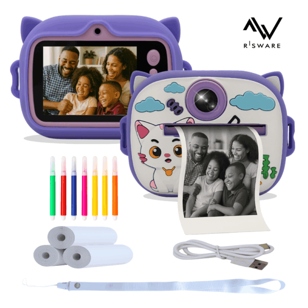 Cámara Infantil Gato Lila – Pantalla 2″ IPS, Fotos 48MG, Video Full HD 1080p, Música, Juegos y Impresión Térmica Instantánea