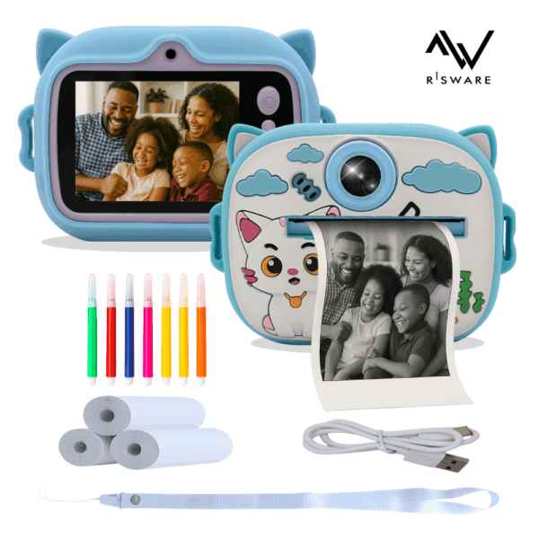 Cámara Infantil Gato Azul – Pantalla 2″ IPS, Fotos 48MG, Video Full HD 1080p, Música, Juegos y Impresión Térmica Instantánea