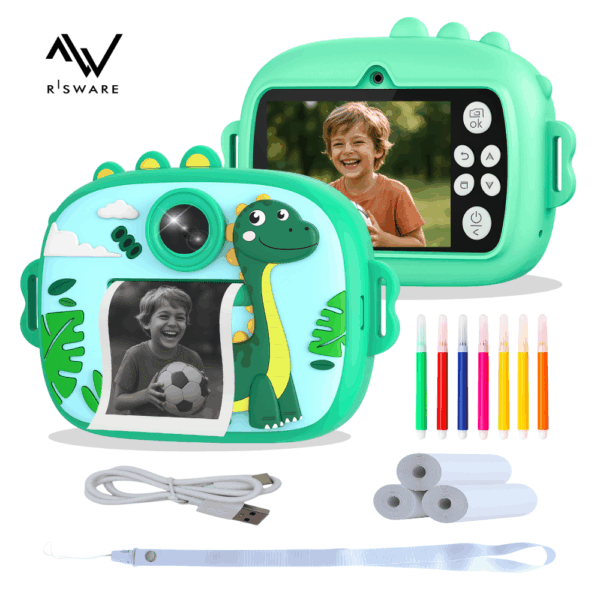 Cámara Infantil Dinosaurio Verde – Pantalla 2″ IPS, Fotos 48MP, Video Full HD 1080p, Música, Juegos y Impresión Térmica Instantánea