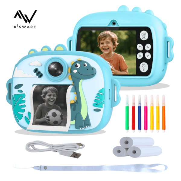 Cámara Infantil Dinosaurio Azul – Pantalla 2″ IPS, Fotos 48MG, Video Full HD 1080p, Música, Juegos y Impresión Térmica Instantánea